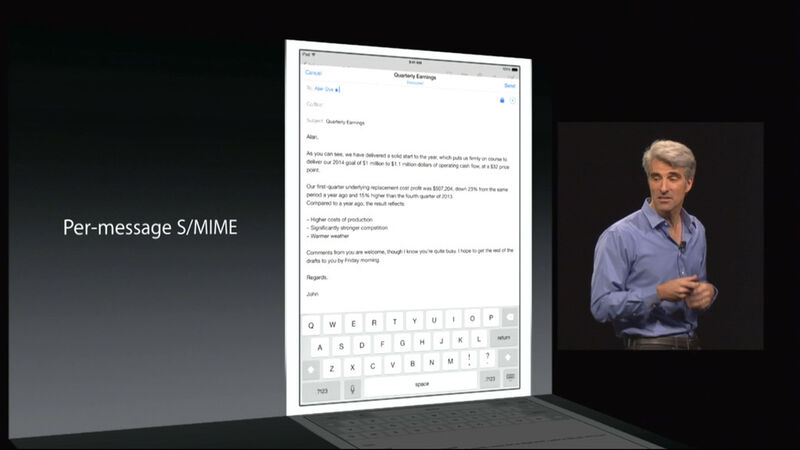 E-Mail-Verschlüsselung mit S/MIME gibt es schon länger in iOS. Mit Version 8 können Geschäftsanwender bei einzelnen Nachrichten entscheiden, ob diese verschlüsselt werden sollen. (Bild: Apple)