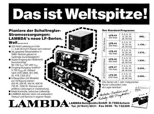 Bild 12: Werbeanzeige von 1987 für die LF-Serie. Das LF lieferte 223 W Leistung pro Liter – da konnte damals keiner kleiner! (Bild: TDK-Lambda)