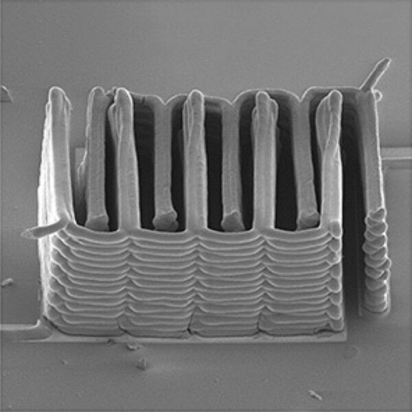 Die Mikroskopaufnahme zeigt eine ein Quadratmillimeter kleine, gedruckte Akkuzelle mit Anoden und Kathoden in Fingerform. (Bild: MIT Technology Review)