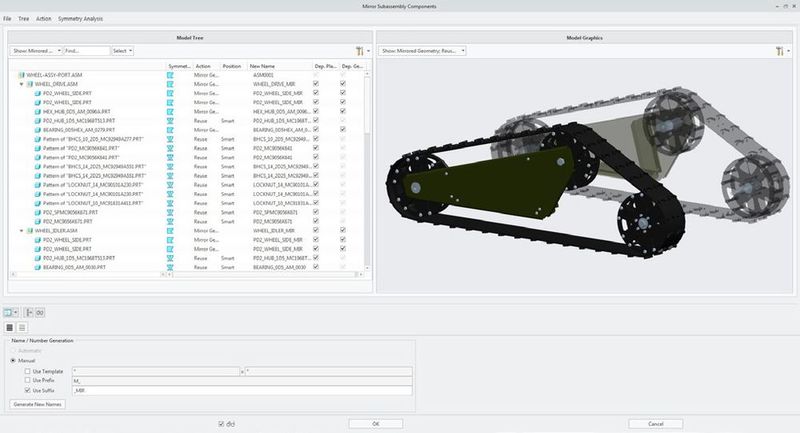 Das neue intelligente Spiegeln erkennt identische Geometrien automatisch, was das Arbeiten deutlich beschleunigen kann.  (Bild: PTC)