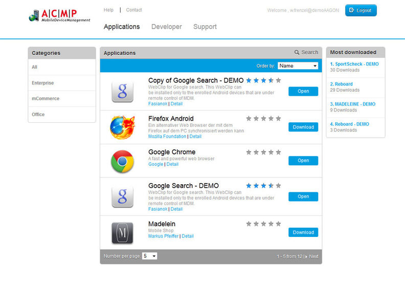 ACMP Mobile Device Management enthält einen Enterprise AppStore (© 2012 Aagon Consulting GmbH)