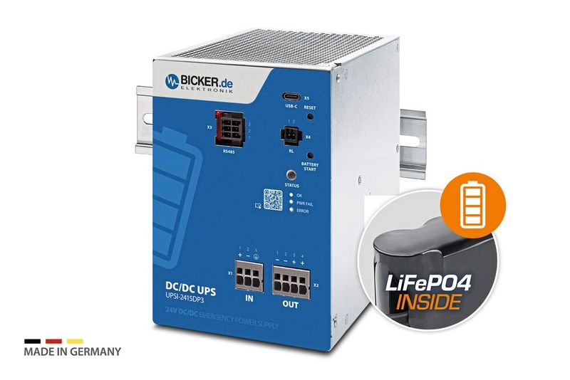 DC-Notstromversorgungslösung «Made in Germany» Bicker UPSI-2415DP3 (24V / 15A / 360W) mit integriertem LiFePO4-Hochleistungsbatteriepack und USB-C- / RS485-Modbus-Schnittstellen. (Bild: Bicker)