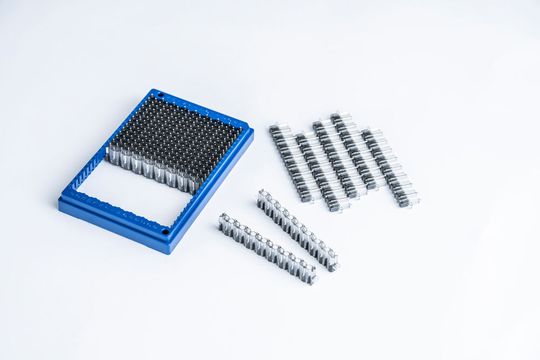 The reaction vessel contains 384 wells, into which a corresponding number of metal pins are inserted. (Source:  RKT Rodinger Kunststoff-Technik)