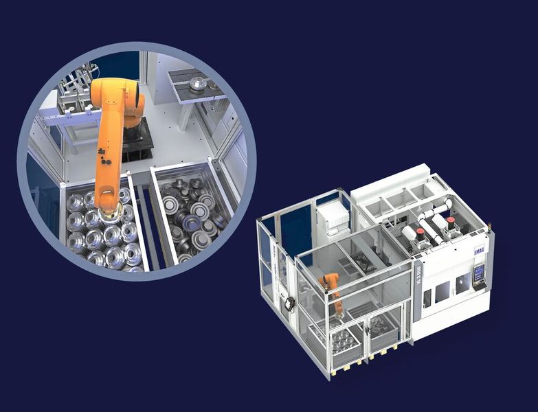 Bin-Picking-Automationszelle: Die Werkstücke befinden sich in einer chaotischen Lage, wobei der Roboter mithilfe eines 3D-Sensorsystems die Teile nicht nur entnimmt, sondern auch korrekt erkennt, ausrichtet und dem nächsten Bearbeitungsschritt zuführt. (Bild: Emag)