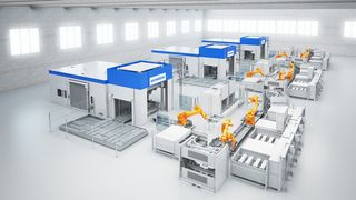 Blick auf das Layout einer mit neuen Dieffenbacher-Composite-Verarbeitungsanlagen ausgestatteten Produktionslinie inklusive neuartiger Kurzhubpressen mit adaptiver Akkusteuerung. Alles im Sinne der Energieeffizienz, heißt es. (Dieffenbacher)