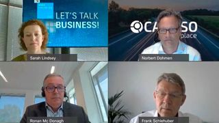 Teilnehmer beim Web-Format „Let’s talk business“, moderiert von Sarah Lindsey (links oben). (Automechanika)