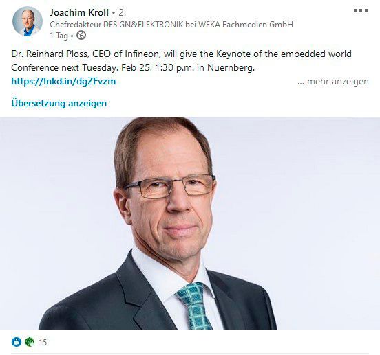 Mit der Absage von Infineon war auch die Keynote von CEO Reinhard Ploss wieder hinfällig, die erst wenige Stunden vorher von der Fachpresse angekündigt worden war. Ploss war eigentlich kurzfristig für Cypress-CEO Hassan El-Khoury eingesprungen. (Bild: LinkedIn)