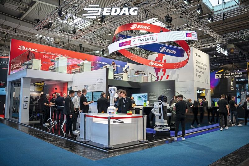 Das von EDAG auf der Hannover Messe gezeigte Industrial Metaverse verbindet die Elemente Smart Product, Smart Factory, Smart People und Smart Ecosystem.  (Bild: EDAG)