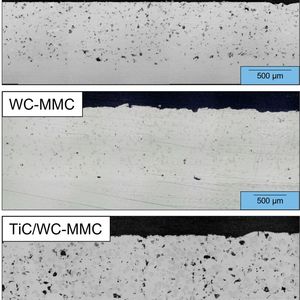 Querschliffe der drei verschiedenen für die Standzeiterhöhung der Stanzstempel untersuchten MMC-Schichtsysteme aus 1.2888-Werkzeugstahl, nebst Titankarbid- und oder Wolframkarbidpartikeln auf einem 1.2379-Werkzeugstahl-Substrat.(Bild:  RWTH Aachen)