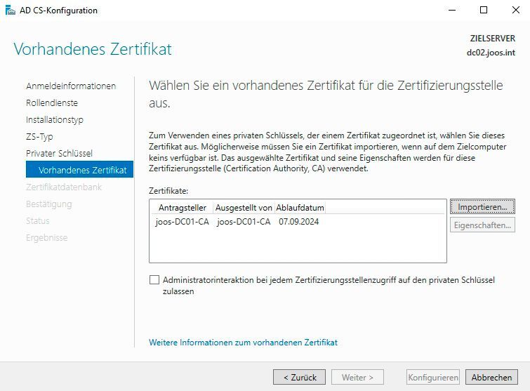 Im Rahmen der Installation wird das vorhandene Zertifikat ausgewählt. (Bild: Microsoft / Joos)