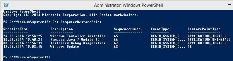 Geben Administratoren den Befehl Get-ComputerRestorePoint in der PowerShell ein, zeigt diese die Systemwiederherstellungspunkte des PCs. Mit dem Befehl Restore-Computer  setzen Administratoren den Computer auf den Zeitpunkt des Wiederherstellungspunkts zurück. (Bild: Joos)