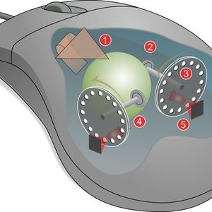 Kugelmaus:  Ab etwa 1985 wurde bei kommerziellen Rechnern die optomechanische Maus zum Standard-Eingabegerät, die auf demselben Prinzip wie Engelbarts Prototyp basierte: Beim Bewegen der Maus rollt die Kugel (1). X- und Y-Achsen übernehmen den jeweiligen Anteil der Bewegung (2). Über eine Welle werden die entsprechenden Lochscheiben gedreht (3). Infrarot-LEDs leuchten durch die Löcher (4). Sensoren empfangen die Lichtpulse, die in X- und Y-Geschwindigkeiten umgesetzt werden (5).(Bild:  Jeremykemp & Pbroks13, via Wikimedia Commons)