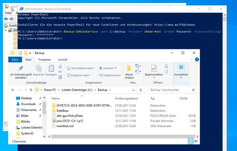 Sichern der Active-Directory-Zertifkatsdienste in der PowerShell. (Bild: Microsoft / Joos)