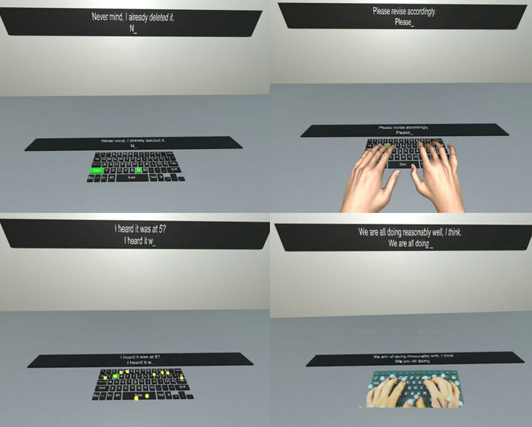 Die Darstellung der Hände wirkt sich auf die Qualität der virtuell geschriebenen Texte aus. Links oben nach rechts unten: keine Hände, virtuelle Hände, Fingerspitzen als Punkte, eigene Hände. (Hochschule Coburg)