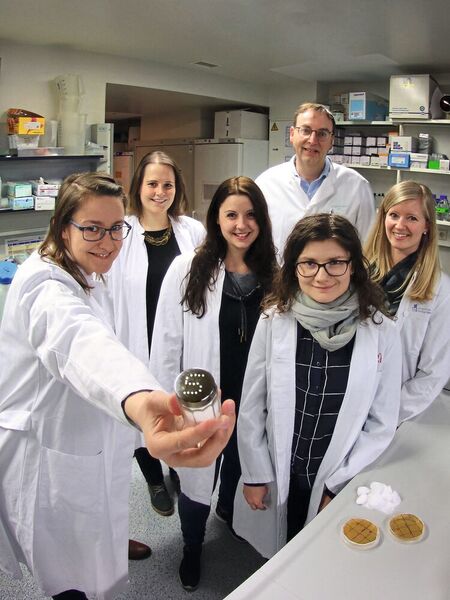 Das Team von der Universität Bonn untersuchte die Auswirkungen von Salz auf das Immunsystem: (v.l.) Dr. Katarzyna Jobin, Natascha Ellen Stumpf, Melanie Eichler, Prof. Dr. Christian Kurts, Olena Babyak und Mirjam Meissner. (Max Germer)