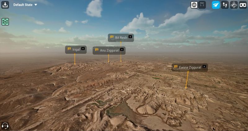 Ein Rendering des digitalen Zwillings der archäologischen Landschaft von Uruk-Warka, Irak (Uruk-VR), das das Zentrum der antiken Stadt inkl. Indikatoren einzelner Teilbereiche zeigt.(Bild:  Max Haibt, DAI, Orientabteilung)