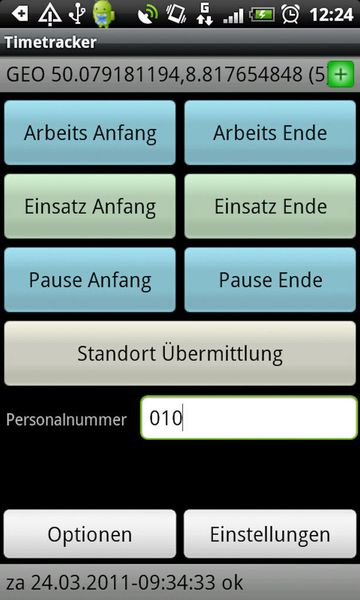 Für Smartphones bietet der Mobile Services-Spezialist eine App an, die Arbeitszeiten und Pausen per Knopfdruck übermittelt. Bei GPS-Handys kann die Zeitmarke zudem mit einer Positionsbestimmung verknüpft werden.  (Bild: Motec-Data)