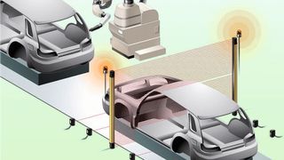 Absicherung vom Gefahrenbereich bei der automatisierten Montage von Autos mit den Sicherheits-Lichtvorhängen SF4B und Mutingsensoren. (Bilder: Panasonic Electric Works)