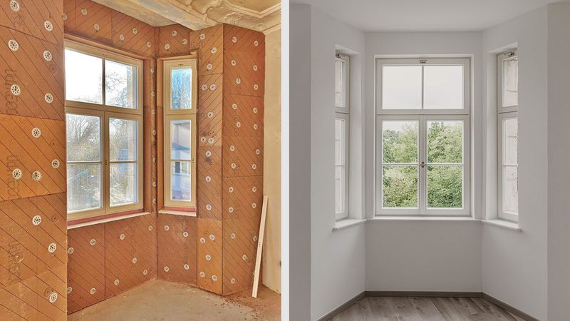 Dank der hohen Rohdichte schützt die Holzfaserinnendämmung effizient vor Wärmeverlust und puffert im Sommer die Hitze. (Bild:   Udi Dämmsysteme)