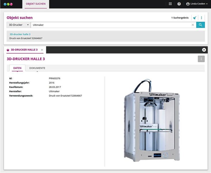 Der 3D-Drucker in der Fabrik ist als Objekt im OMS hinterlegt. Wenn ein Sensor meldet, dass kein Material zum Drucken mehr vorhanden ist, erhält der zuständige Mitarbeiter die Information und den Auftrag für die Bestellung. (BCT Deutschland)