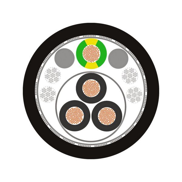 Die Ölflex Servo FD ZeroCM im Querschnitt. Drei Phasenleiter sind symmetrisch angeordnet und in einer Innenlage verseilt. Ergänzend wird mindestens ein Schutzleiter in einer Außenlage mit entgegengesetzter Verseilschlagrichtung um die drei Phasenleiter in einem bestimmten Schlaglängenverhältnis verseilt.  (Bild: Lapp)