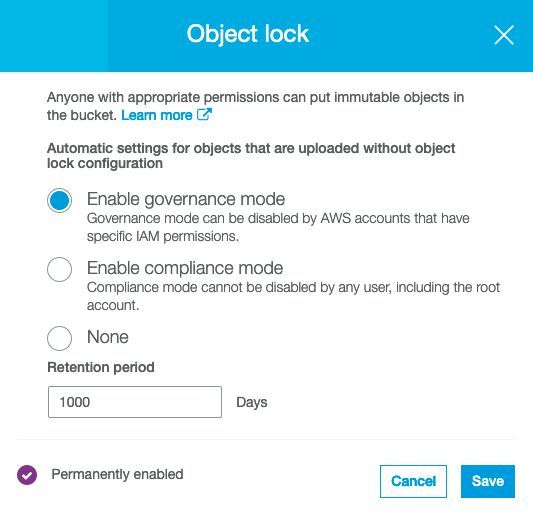Im nächsten Bildschirm ist festzulegen, ob die Funktion „Object Lock“ im Governance- oder im Compliance-Modus aktiv sein soll. Der Governance-Modus erlaubt die Aufhebung der Sperrung, der Compliance-Modus jedoch nicht. (Bild: Cohesity)