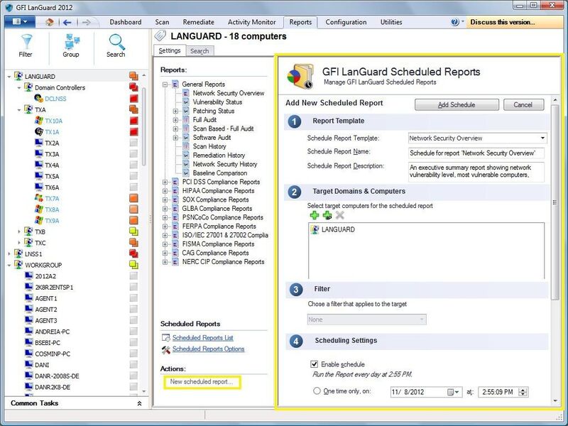 Berichte können regelmäßig erstellt und über eine Mailingliste an relevante Empfänger verteilt werden. Für die Speicherung von erstellten Berichten werden verschiedene Formate (u. a. PDF, HTML, RTF und XLS) unterstützt. In einigen Situationen müssen Berichte nach jedem Scan, anstatt zu einer bestimmten Tageszeit erstellt werden – mit GFI LanGuard lässt sich die Berichterstellung flexibel konfigurieren. (Bild: GFI Software)