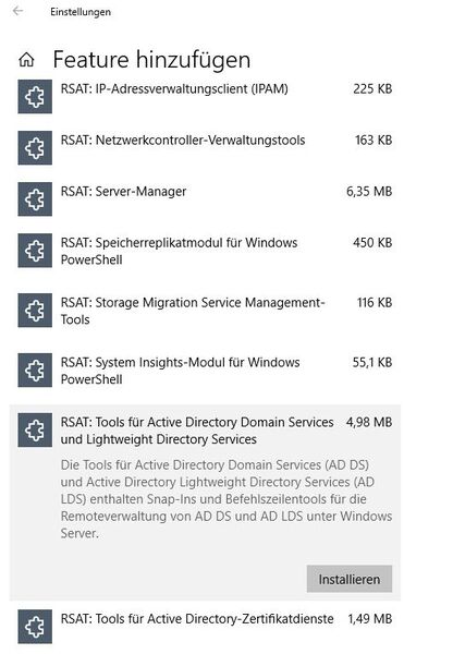 Installieren der RSAT-Tools in Windows 10, inklusive Active Directory Administration Center. (Bild: Microsoft / Joos)