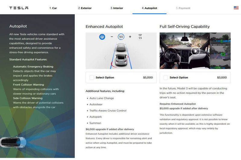 Teuer wird es beim Thema „Autopilot“. (Screenshot tesla.com)