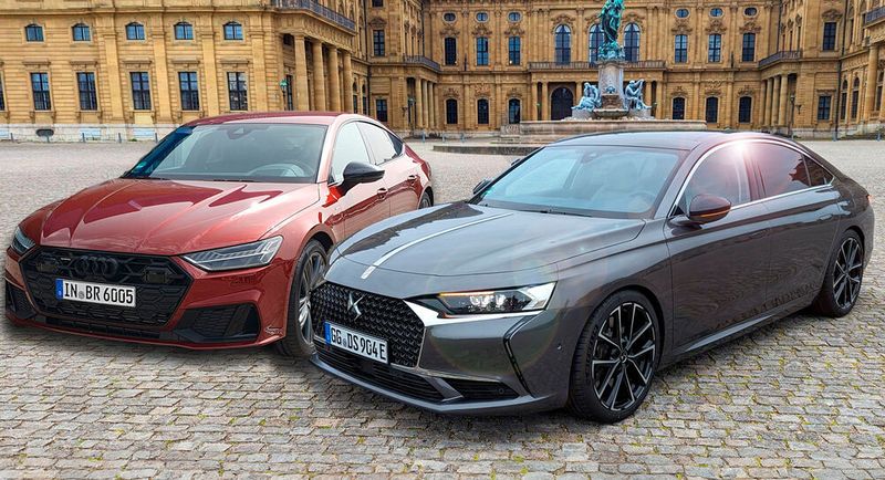 Zwei charakterstarke Limousinen, die sich an Kundinnen und Kunden mit Sinn für das Besondere richten: Audi A7 (links) und DS9.(Bild:  Rosenow/Collage: Ludwig – VCG)