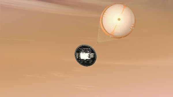 In einer frühen  Phase der Landung wird das Mars Science Laboratory  in der Mars-Atmosphäre durch einen Fallschirm abgebremst (Archiv: Vogel Business Media)