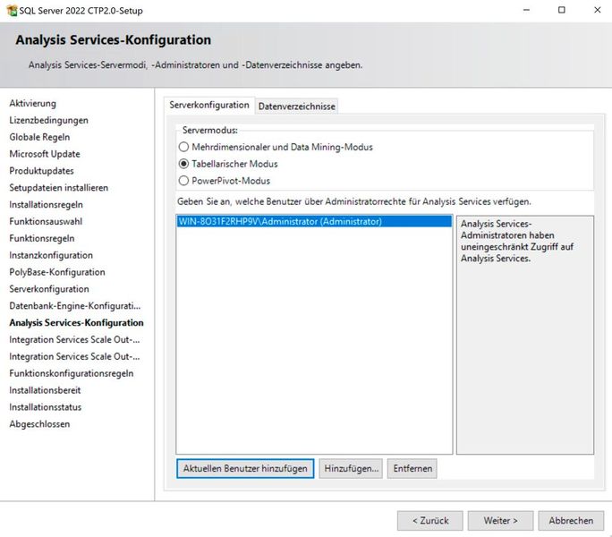 Anpassen der Analysis Services im Rahmen der Installation von SQL Server 2022.  (Bild: Joos (Screenshot))