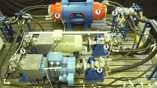 Hydrostatisches Windkraftgetriebe auf dem Prüfstand: 1-Radialkolbenpumpe,2-Ventilblock, 3+4-Hydromotoren, 5-Axialkolbenpumpen, 6-Radialkolbenmotor.  (Bild: IFAS)