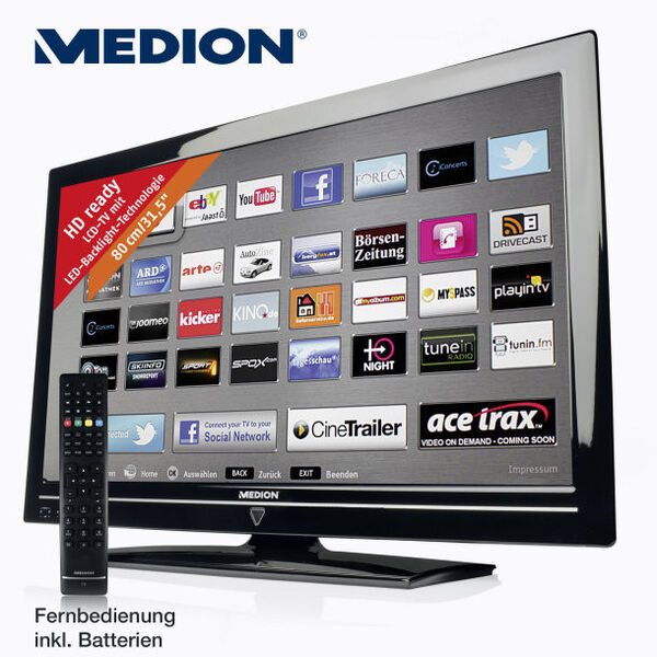 Der Medion-Life-P15118-LED-Backlight-TV hat eine 31,5-Zoll-Bildschirmdiagonale und einen integrierten HD-Triple-Tuner. Er ist HD-ready und besitzt eine CI+ Schnittstelle für den Empfang von verschlüsselten Sendern ohne weitere Receiver sowie vier HDMI-Eingänge und zwei USB-Anschlüsse. Aldi Nord verkauft den Fernseher für 299 Euro inklusive drei Jahre Garantie. (Bild: Aldi Nord)
