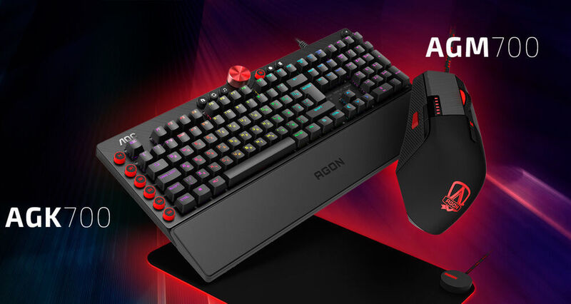 Die Agon-700-Serie besteht aus dem Keyboard AKG700 mit Cherry-MX-Tastenschaltern, der Maus AGM700 mit einer maximalen Auflösung von Real 16000 DPI und Zusatzgewichten sowie dem Mousepad AMM700 mit RGB-Beleuchtung.   (AOC)