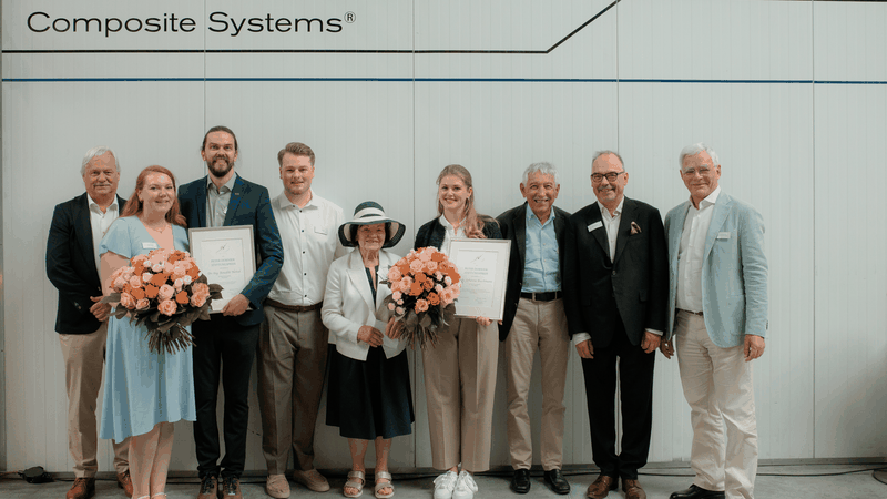 Outstanding materials research for the aerospace industry: Award winners Dr Benedikt Neitzel (third from left) and Johanna Buschmann (fourth from right) at the 2026 Peter Dornier Foundation Prize ceremony, together with Foundation Chair Maja Dornier (fifth from left), members of the Foundation’s advisory board, DORNIER Supervisory Board Chairman Peter D. Dornier (second from right) and Prof Wolf Mutschler (right)(Image:  DORNIER)