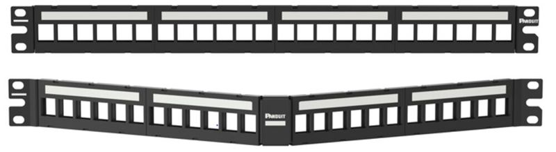 Shielded keystone patch panels from Panduit, here with 24 ports, 1U, flat or angled version with clear identification, 4 removable faceplates for flush-mounted jacks, including grounding bolt and hex nut. (Image:Panduit)