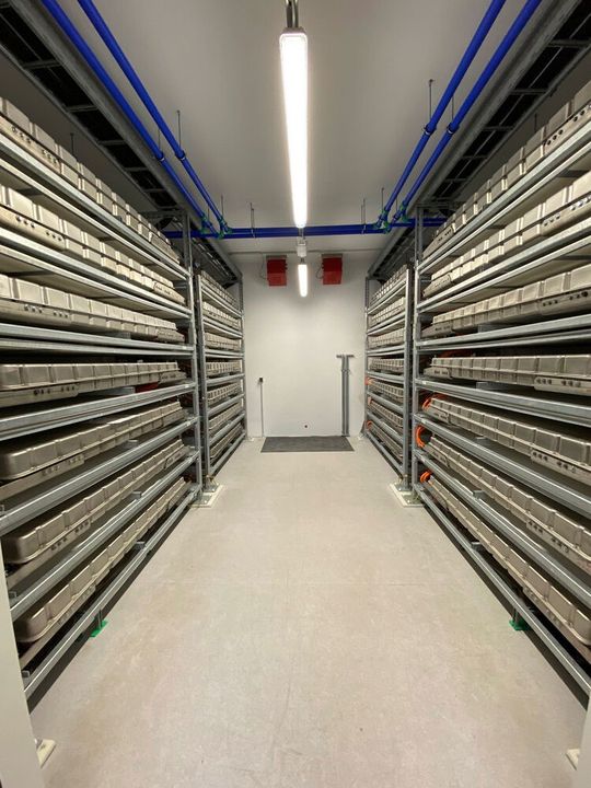 Der stationäre Stromspeicher verfügt über eine Gesamtkapazität von mehr als 500 kWh. Er besteht aus 28 Second-Life-Batteriesystemen.(Bild:  Daimler Truck AG)