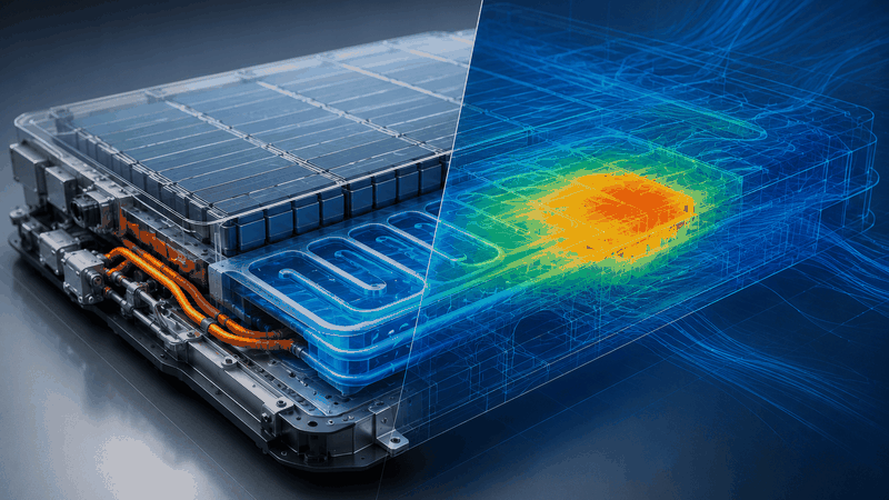 Effizientes Thermomanagement durch Simulation: Digitale Zwillinge machen Wärmeströme und potenzielle Hotspots in der Batterie sichtbar, noch bevor der erste physische Prototyp entsteht.(Bild:  Merkle CAE Solutions GmbH - KI-generiert)
