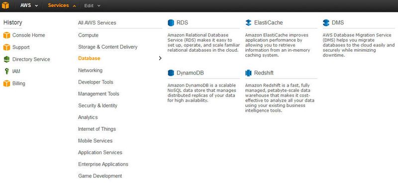 Die verschiedenen Cloud-Dienste sind in Bereiche unterteilt. Durch einen Klick auf den ausgewählten Dienst öffnet sich die Verwaltungskonsole zur Erstellung und Konfiguration einer neuen Instanz für diesen Dienst. (AWS)