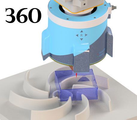 Grad Rundumsicht ist mit einem neuen Sensor für Roboter möglich, den Forscher des Fraunhofer IAPT entwickelt haben. Der Sensor Sensepro mit einem Durchmesser von 15 cm Durchmesser hat eine eigens entwickelte Auswertesensorik, die einen abschattungsfreien Rundumblick ermöglicht. Egal, wohin sich der Roboter bewegt, immer ist mindestens eine Laserlinie optimal positioniert und liefert genaue Positionsinformationen in die Kamera. (Fraunhofer IAPT)