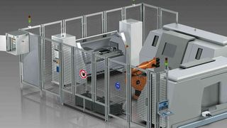 In der Smart Factory werden die Maschinen zu einem intelligent vernetzten Fertigungsprozess zusammengeschlossen. Hier ein Fertigungsverbund aus drei Maschinen und einem Roboter-Handlingsystem. (Bild: Weidmüller)