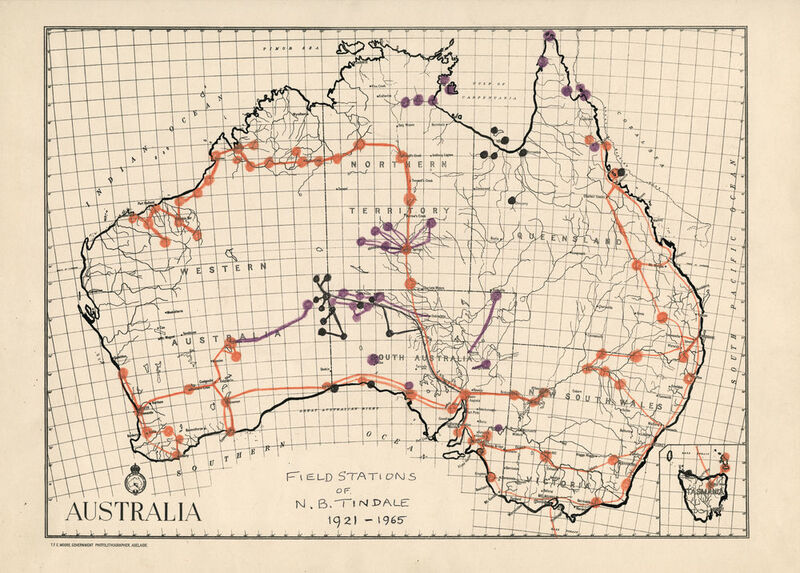 Karte der Orte, die während der Expeditionen zwischen 1921 und 1965 besucht wurden. (© South Australian Museum Archives Norman Tindale Collection (AA 338/5/4/41))