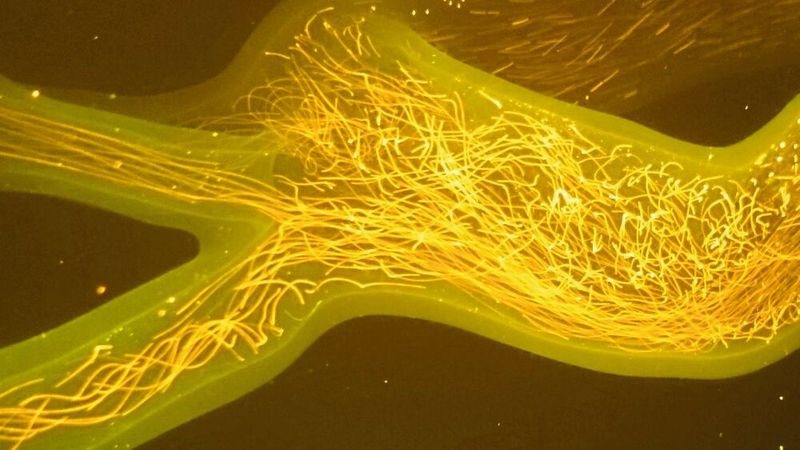 Die Bewegung der Tracer-Partikel, beleuchtet vom Licht des Spectra-Physics-Millennia-Lasers und aufgenommen mit einem Orangefilter.(Bild:  Hi-D Imaging)