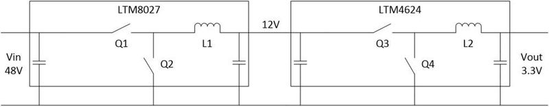 Bild 2:  Wandeln einer Spannung von 48 in 3,3 V in zwei Stufen über eine 12-V-Zwischenkreisspannung. (Analog Devices)