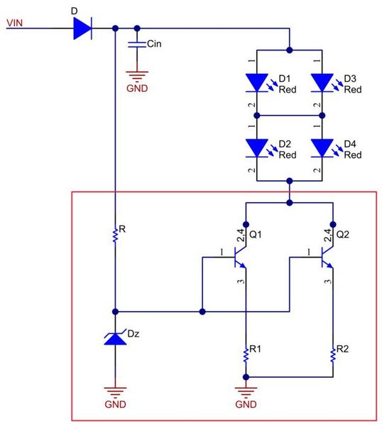 Bild 1: Beispiel einer diskreten Treiberschaltung für die LEDs einer dritten Bremsleuchte. (TI)