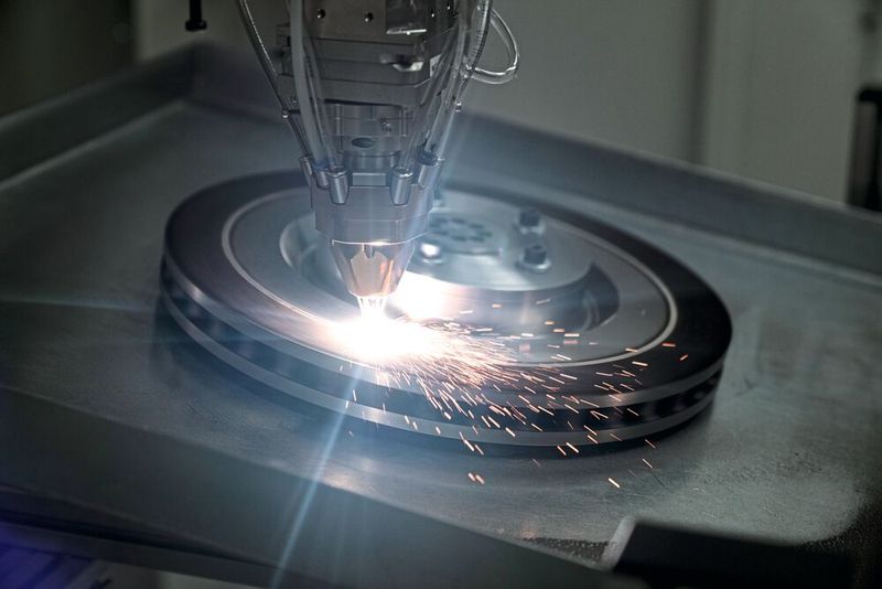 Beim Laserbeschichten von Bremsscheiben wird ein spezielles Metallpulver (häufig mit Karbiden) mit hoher Vorschubgeschwindigkeit und hoher Laserleistung auf die Bremsscheibe aufgetragen. (Bild: Emag)