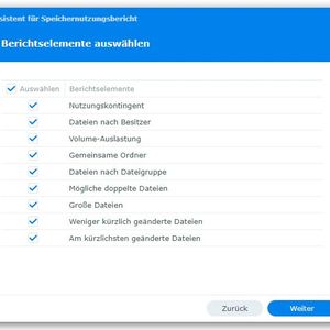 Auswählen der Berichtselemente für eine Aufgabe des Storage-Analyzers.(Bild:  Joos - Synology)