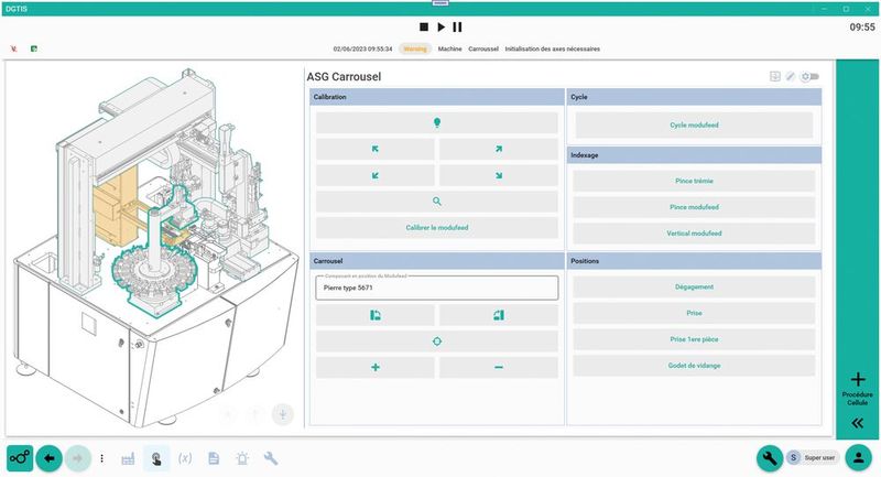 IHM Synoptique machine avec navigation intuitive et contextualisation de chaque page par module comme le portique, le carrousel avec remontée des pannes et résolution interactive (Source : Dgtis SA)