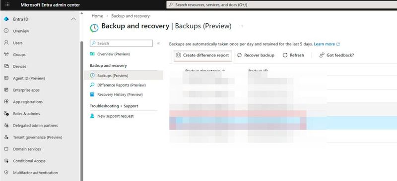 Die Backups-Seite weist auf den täglichen Sicherungsrhythmus mit fünf Tagen Aufbewahrung hin und bietet die Aktionen „Create difference report“, „Recover backup“ und „Refresh“. (Bild: Joos | Microsoft )